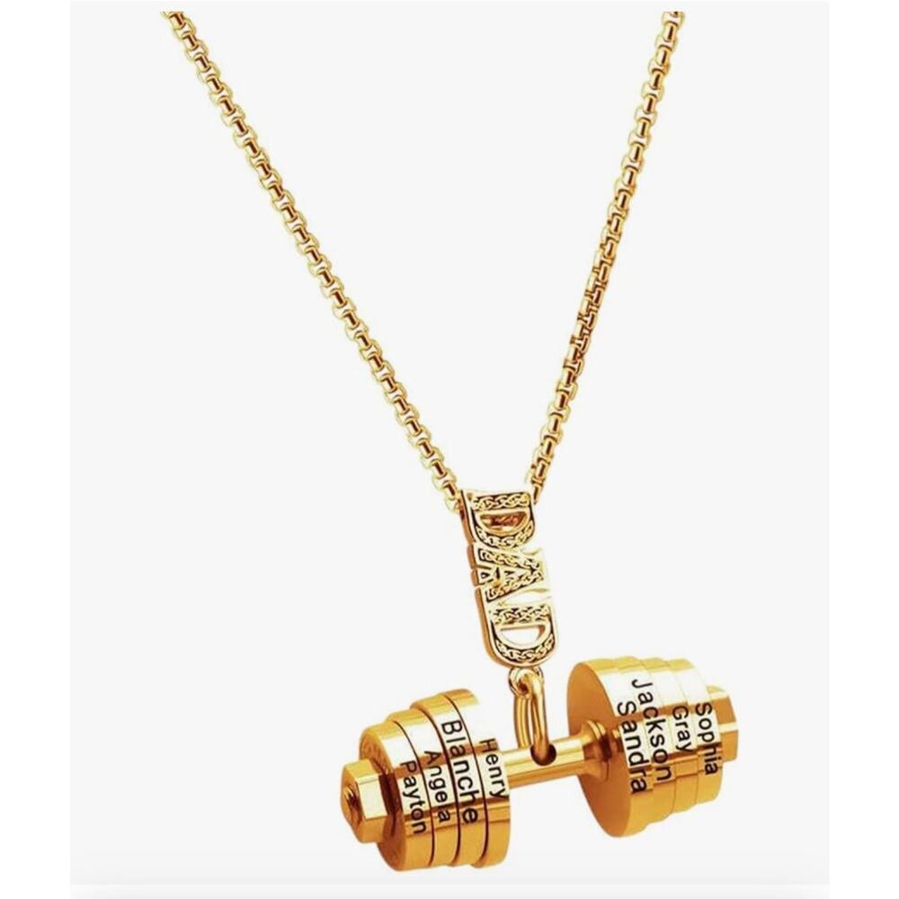 Dad Dumbbell Barbell Pendant Necklace Mens Gold Tone Personalized Name